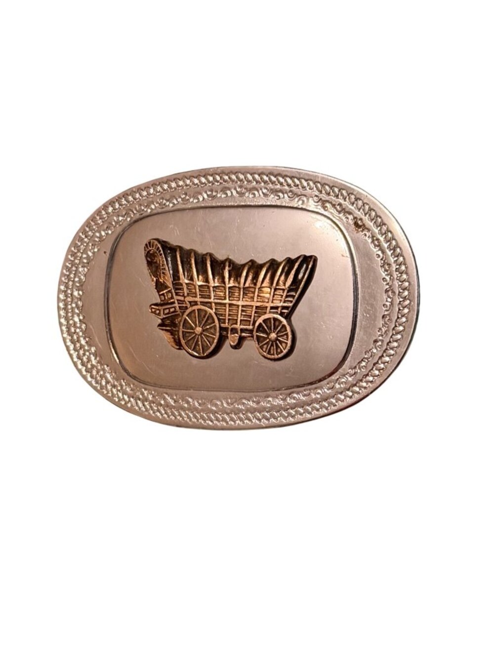 Vintage Covered Wagon Belt Buckle Silver Tone Western Prairie Wagon Oval 3x2
